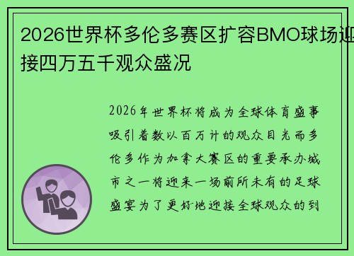 2026世界杯多伦多赛区扩容BMO球场迎接四万五千观众盛况